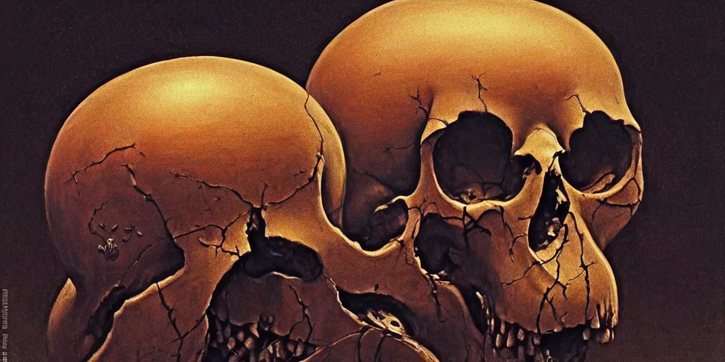 Image similar to painting of soldier's skull, skull is wearing a helmet, tiny insects crawling out of the crevices of the skull, Zdzislaw Beksinski, Wayne Barlowe, Joe Fenton, Escher M.C., gothic, cosmic horror, biomorphic, lovecraftian, amazing details, cold hue's, warm tone gradient background