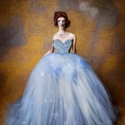 Image similar to Stunning photograph of a model wearing magnificent and ethereal ball gown inspired by Van Gogh's Starry Night. Studio lighting