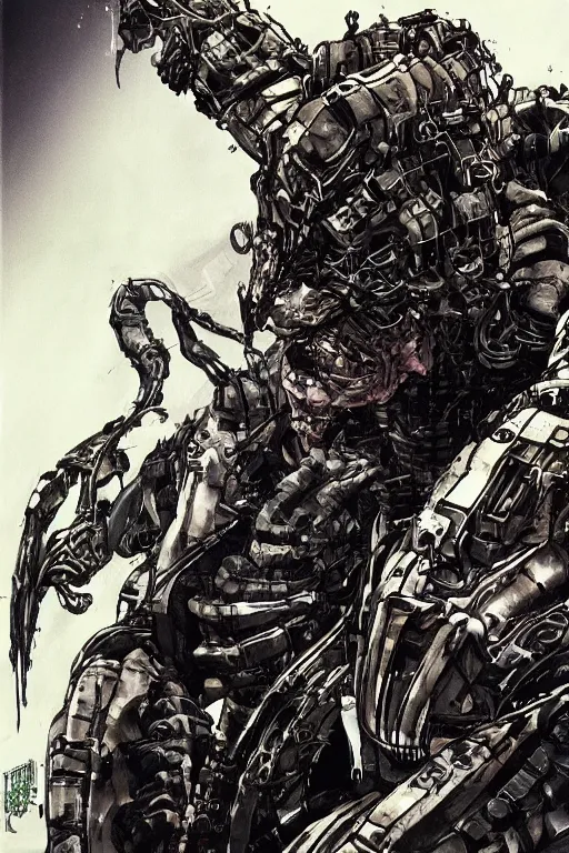 Prompt: predator illustrated by yoji shinkawa, science fiction horror action, skilled, technologically advanced alien, ink, digital painting, highly detailed, trending on artstation, sharp focus, illustration, concept art, norman rockwell