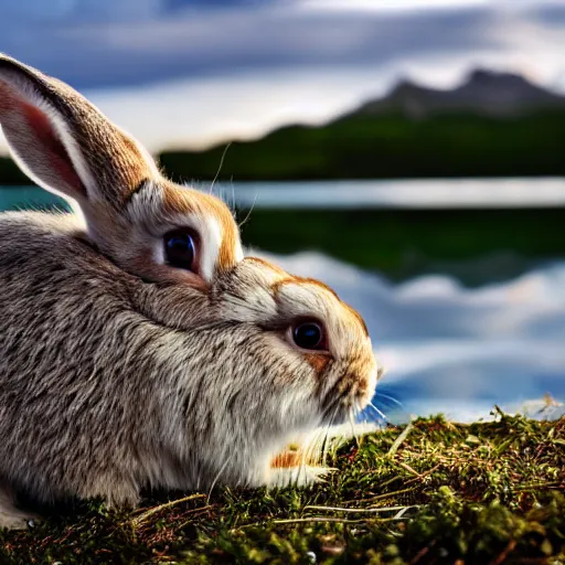 Prompt: a rabbit eating edelweiss on a mountain lake, close - up shot