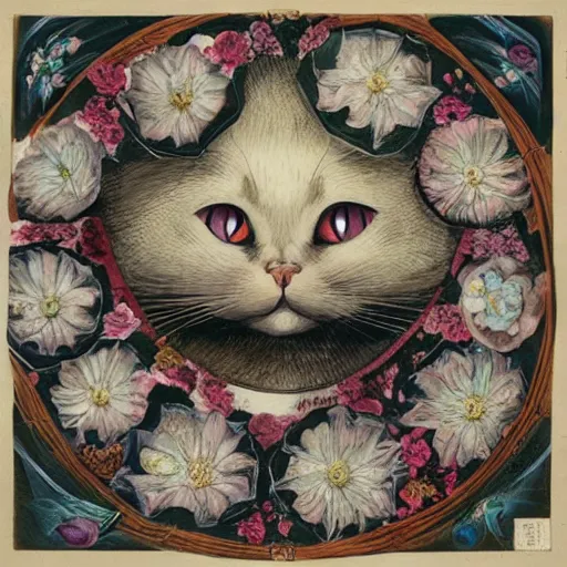 Image similar to image is fully filled with preserved flowers and detailing cat face is emerging from the center, rokoko style