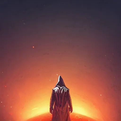 Prompt: hooded figure standing at the edge of reality gazing into the unknown, sunset on distant machine planet, steampunk, cyberpunk, detailed, smooth, sharp focus, artstation, artgerm, 4 k ultra hd, fantasy dark art