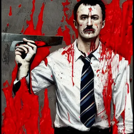 Image similar to Igor Ghirkin Strelkov as The American Psycho holding an axe, covered in blood, donning a raincoat, cinematic still