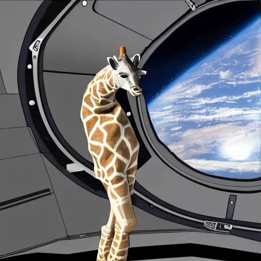 Image similar to astronaut giraffe entering spaceship, highly detailed, 8 k,