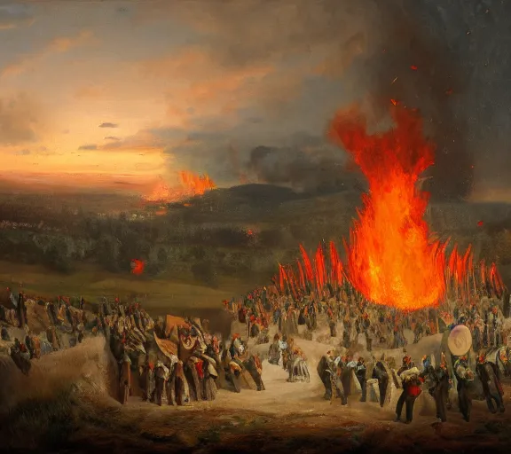 Image similar to landscape portrait of a an immense funeral pyre, with tyler childers throwing dollar bills onto it, by william sidney mount, trending on artstation