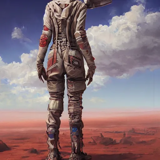 Prompt: tattooed dirty stoic butch heroic emotionless blonde woman engineer in tattered dirty flight suit, very short messy hair, victorian goggles, back pose, crossing primitive hostile alien desert, clouds of red dust, highly detailed, digital painting, artstation, concept art, matte, sharp focus, illustration, art by artgerm and greg rutkowski