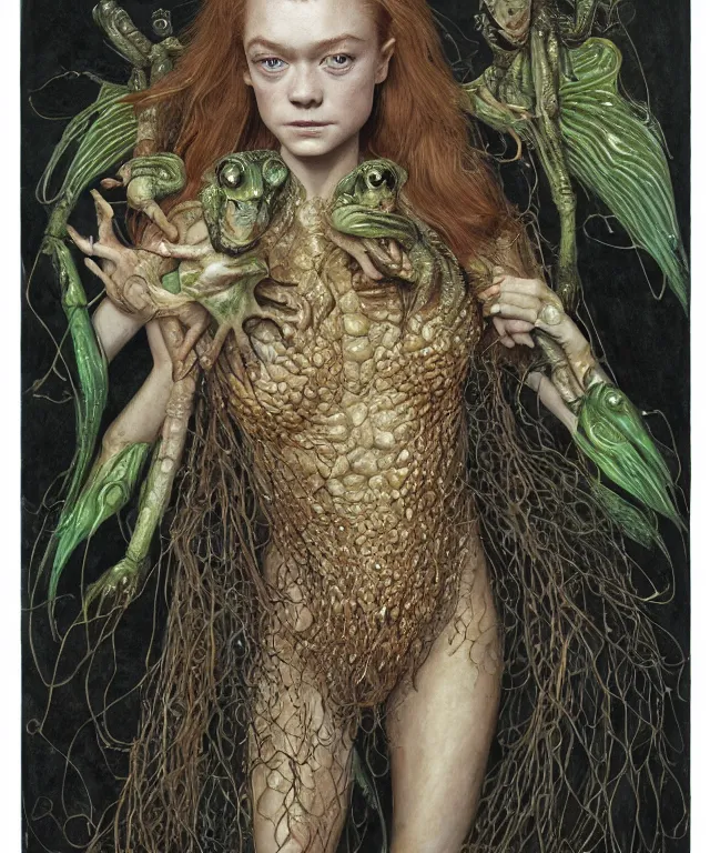 Prompt: a portrait photograph of a fierce sadie sink as an alien harpy queen with slimy amphibian skin. she is trying on black latex bulbous slimy organic membrane parasitic silk and transforming into an insectoid amphibian. by donato giancola, walton ford, ernst haeckel, brian froud, hr giger. 8 k, cgsociety