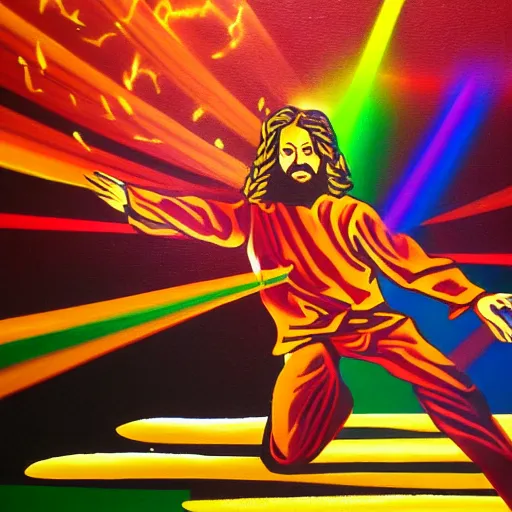 Prompt: oil painting of Jesus dancing drunk at a club, RGB floor, lasers, motion blur