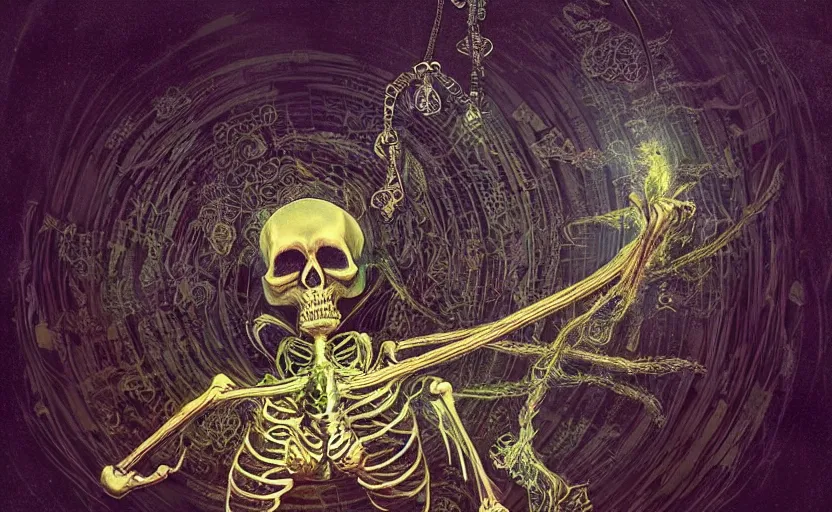 Image similar to psychedelic skeleton with trinket necklace, looking upward, epic angle and pose, reflective pool, symmetrical artwork, ayahuasca, translucent, fungus, energy flows of water and fire, highly detailed, epic cinematic concept art, excellent composition, dystopian brutalist atmosphere, dynamic dramatic lighting, aesthetic, very inspirational, arthouse, Greg Rutkowski, Artgerm