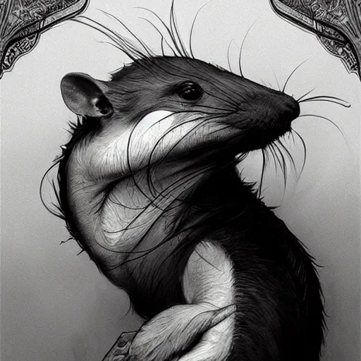 Prompt: masterpiece painting of a black and white spotted antropomorphic bizarre human rat highly detailed, digital painting, artstation, concept art, smooth, sharp focus, illustration, art by artgerm and greg rutkowski and alphonse mucha