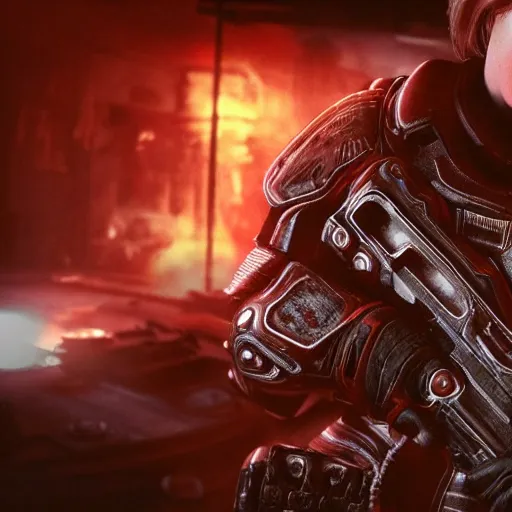 Image similar to hillary clinton in gears of war, splash art, movie still, cinematic lighting, dramatic, octane render, long lens, shallow depth of field, bokeh, anamorphic lens flare, 8 k, hyper detailed, 3 5 mm film grain