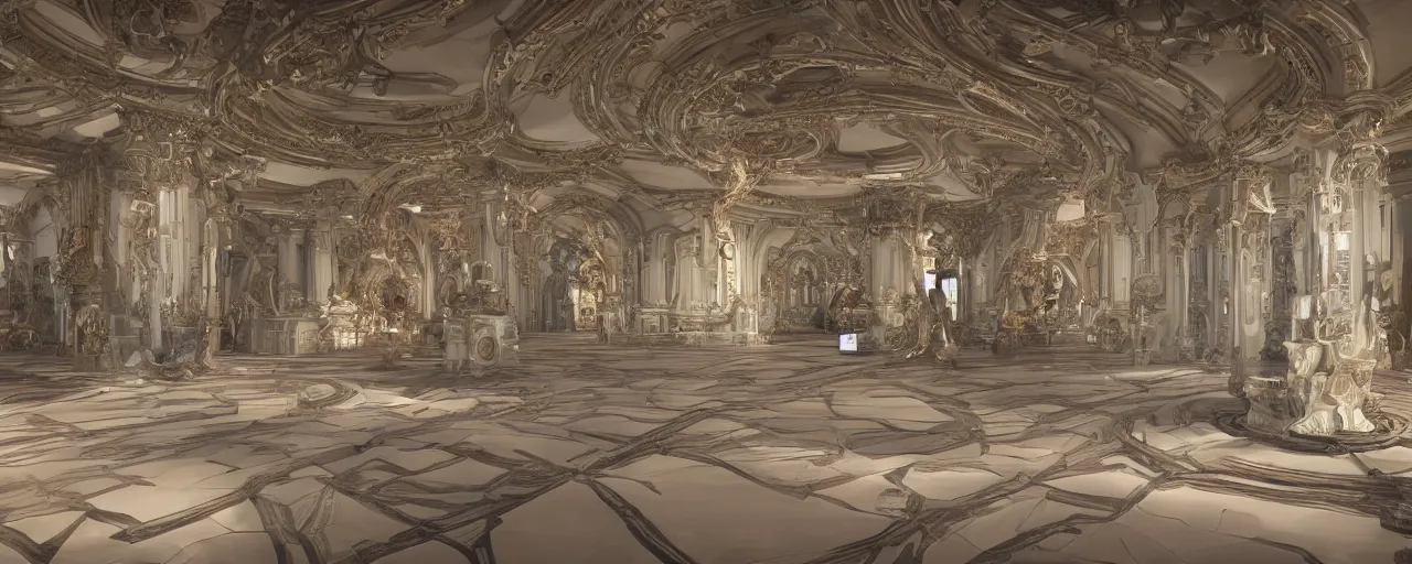 Prompt: futuristic baroque, interior, big open floor, 3 d v - ray photo realistic, ambient aclution, 8 k