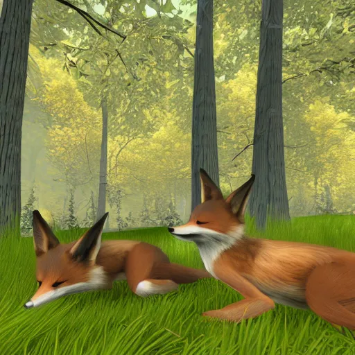 Prompt: second life in game screenshot of black foxes cuddling next to each other in a cozy forest, 4 k