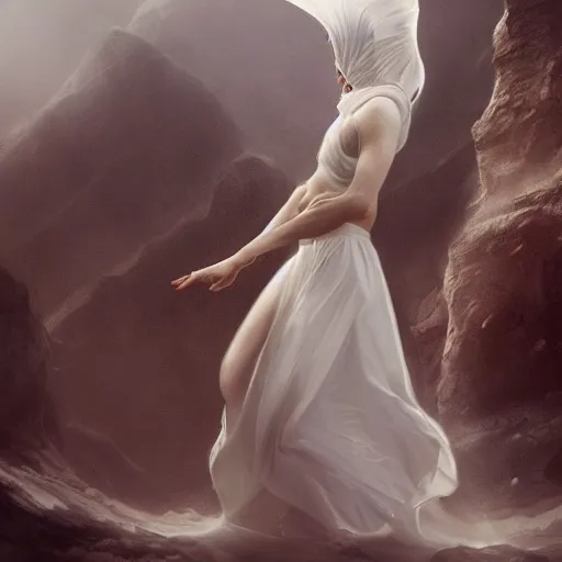 Image similar to white female dancing goat weared with white veils, matte painting, cinematic, epic composition, detailed, atmospheric, wide angle, artstation trending