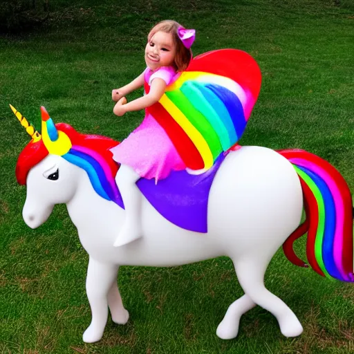 Prompt: a little girl riding on a unicorn with rainbows all around them