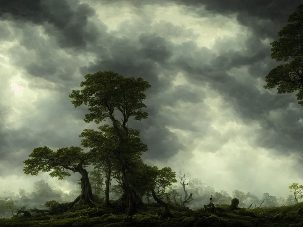 Image similar to detailed landscape, forests. very detailed dark super storm, hyper realistic clouds, impressive, magical, very atmospheric, smoke boiling, cinematic, deep, very high complexity, stunning, masterpiece, chiaroscuro, in the style of caspar david friedrich and laura den hertog, very detailed. 4 k