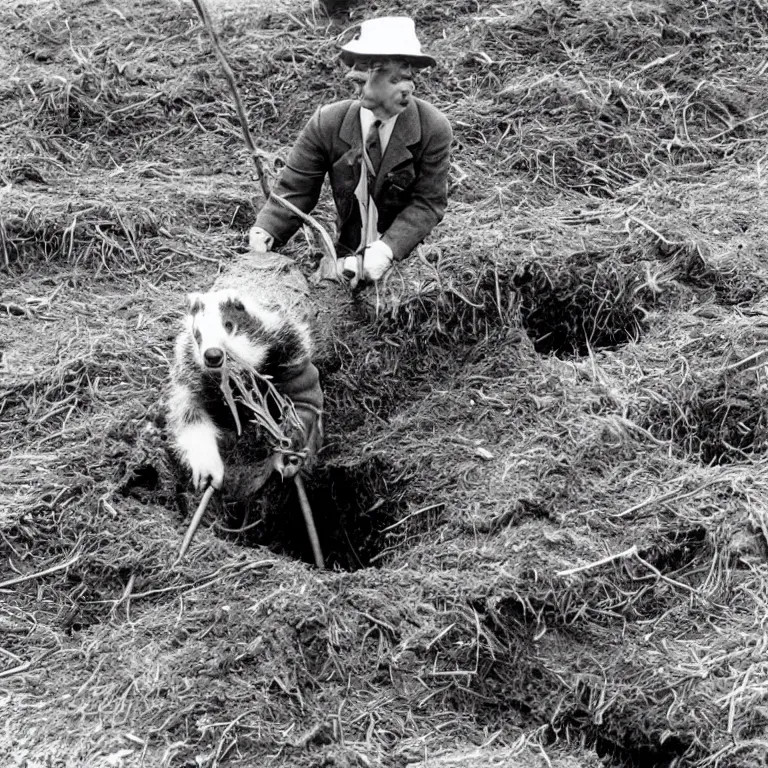 Image similar to badger from wind in the willows, in 1940s suit digging at the sutton hoo ship burial, rendered as a black & white photo