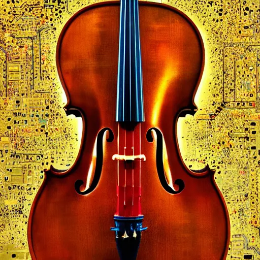 Image similar to a cello made from circuit boards and vacuum tubes, bright colors, cinematic, smooth, dramatic, detailed and realistic studio photograph, 8k, unreal engine, XF IQ4, 50mm, F1.4, ISO 200, 1/160s, natural light, Adobe Lightroom, photolab, Affinity Photo, PhotoDirector 365