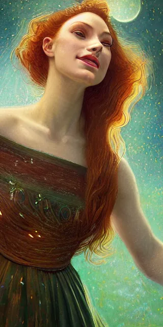 Image similar to young woman, smiling amazed, among firefly lights, full covering intricate detailed dress, amidst nature, long red hair, precise linework, accurate green eyes, small nose with freckles, beautiful oval shape face, empathic, expressive emotions, dramatic lights, hyper realistic ultrafine art by artemisia gentileschi, jessica rossier, boris vallejo