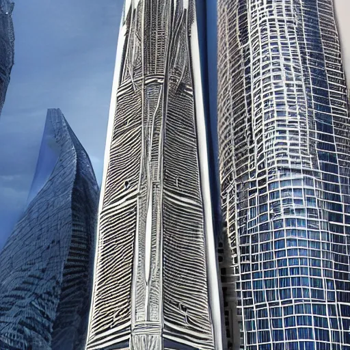 Image similar to detailed intricate futuristic, tallest tower building in the world, cathedral details, composition