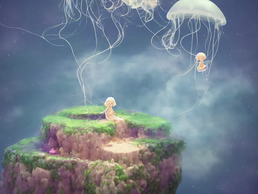 Prompt: cute fumo plush jellyfish girl sitting on a floating island, isometric projection, wisps of smoke and volumetric fog, vignette, vray