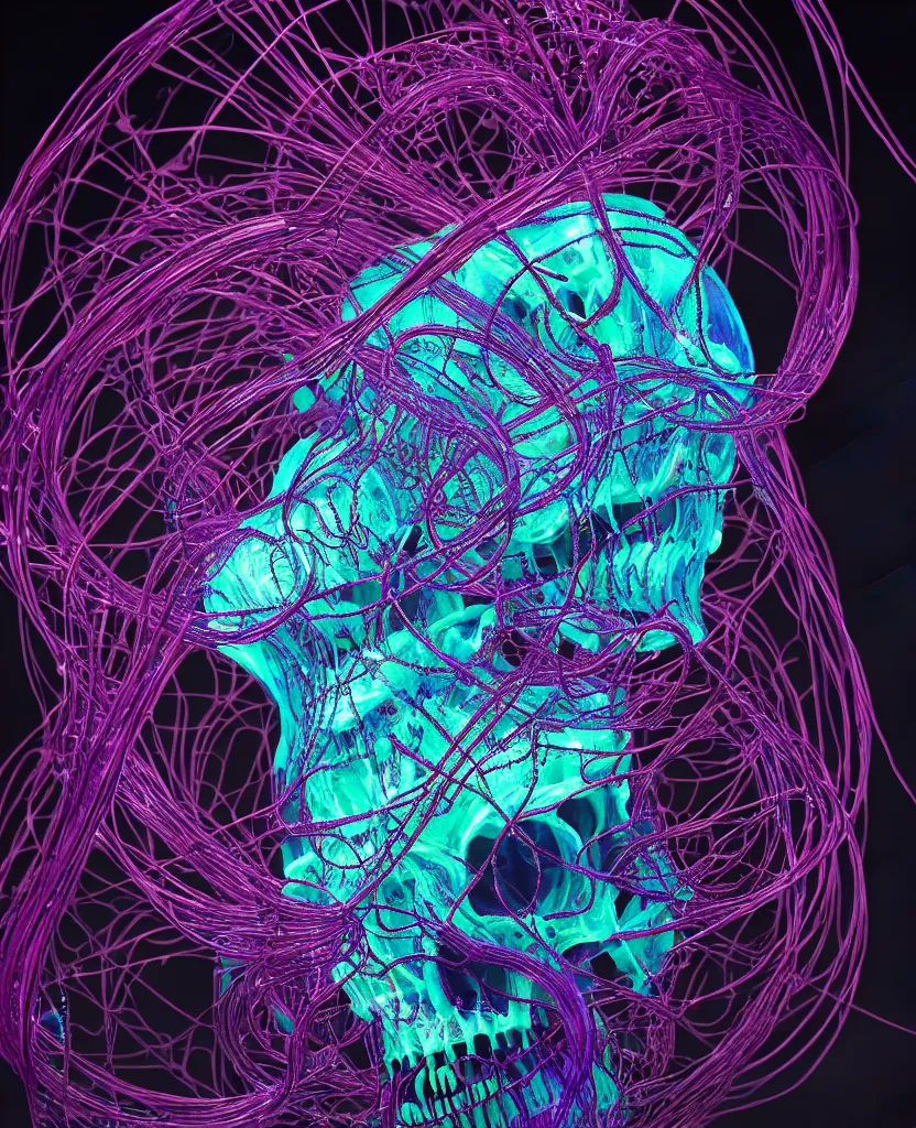 Prompt: close-up portrait of skull dichroic wires and cables jellyfish skull, betta fish, bioluminiscent creatures, intricate artwork by Tooth Wu and wlop and beeple. octane render, trending on artstation, greg rutkowski very coherent symmetrical artwork. cinematic, hyper realism, high detail, octane render, 8k
