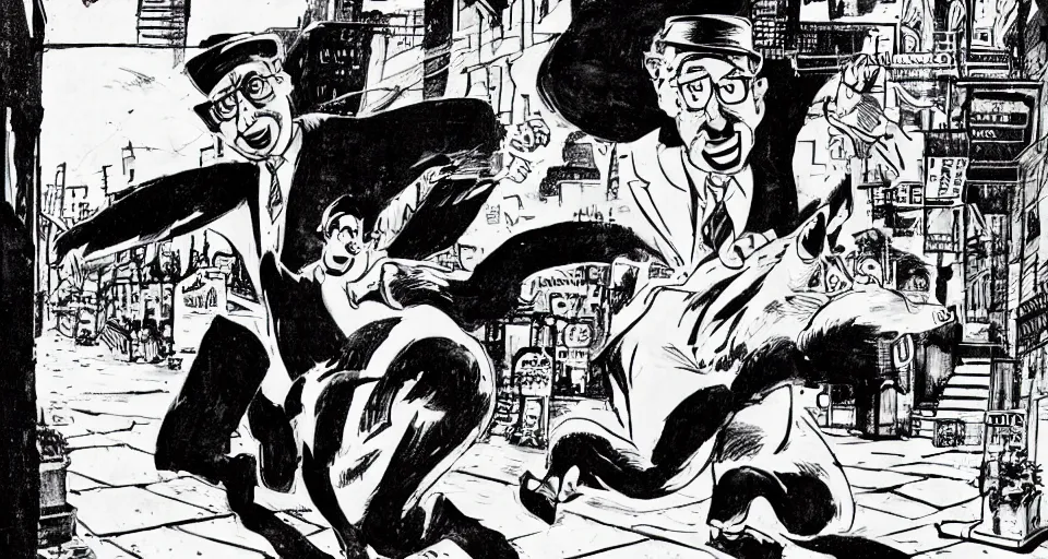Image similar to man running away from a giant cat, will eisner