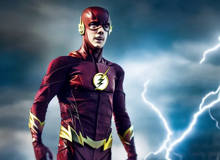 Image similar to film still of grant gustin as the flash in the new justice league!!! movie!!!, 4 k