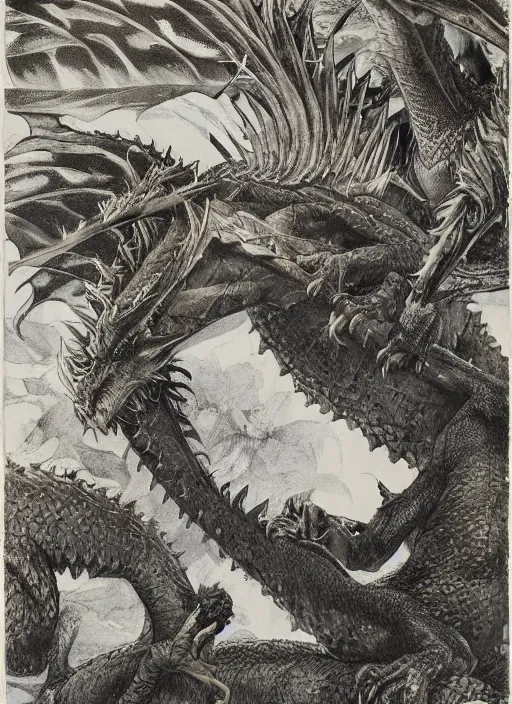 Prompt: game of thrones dragon in a tropical forest, john james audubon, intaglio, sharp focus