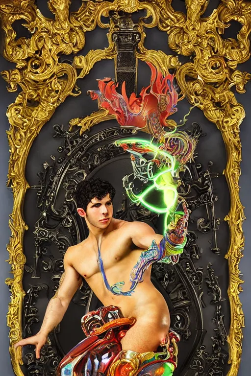 Prompt: full-body bladerunner neon rococo style sculpture of a handsome Spanish Nick Jonas as a half cibernetic android with a chest opening exposing circuitry and electric sparks, glowing laser beam eyes, crown of giant diamonds, flowing neon-colored silk, fabric, raptors. baroque elements. full-length view. baroque element. intricate artwork by caravaggio. many many birds birds on background. Trending on artstation, octane render, cinematic lighting from the right, hyper realism, octane render, 8k, depth of field, 3D