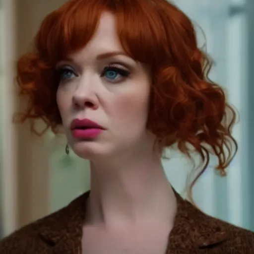 Image similar to amazing beautiful Christina Hendricks with huge puffy lips in the living room, film still from the movie directed by Denis Villeneuve , wide lens