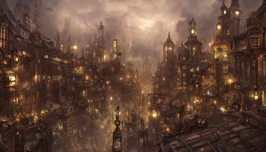 Image similar to matte painting of a beautiful steampunk city, digital art, trending on artstation