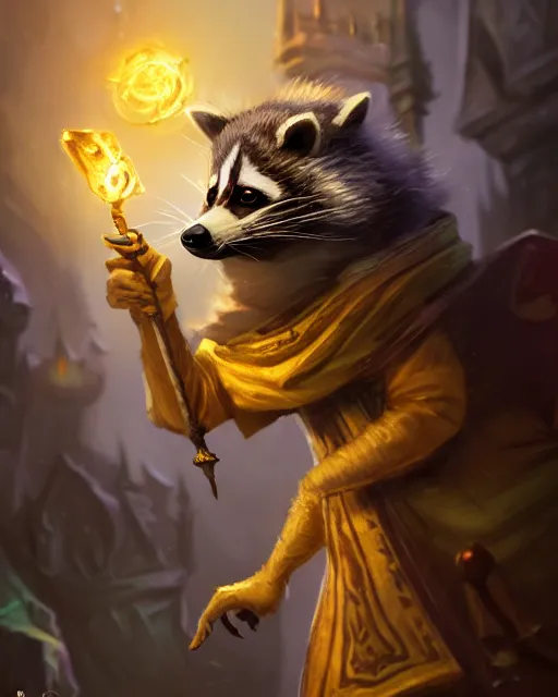 Prompt: closeup 2 8 mm anthropomorphic wizard raccoon casting a spell in a castle, d & d, fantasy, intricate, action pose, particle effects, highly detailed, digital painting, artstation, concept art, matte, sharp focus, volumetric lighting, illustration, hearthstone, art by artgerm, wlop, craig mullins, alphonse mucha