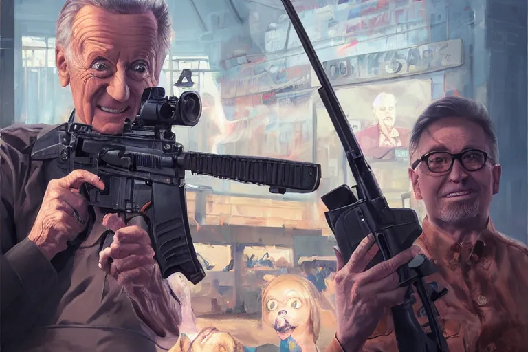 Image similar to portrait of bob barker holding an ak - 4 7, price is right set in background, charlie bowater, artgerm, ilya kuvshinov, krenz cushart, ruan jia, realism, ultra detailed, 8 k resolution