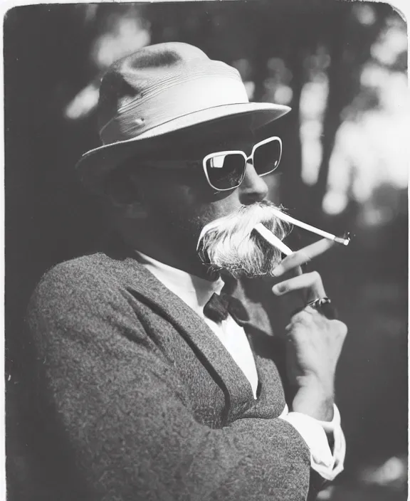 Prompt: a vintage photo medium shot of a man with a bushy mustache smoking a cigarette in his mouth wearing a grey hat and sunglasses. very coherent.