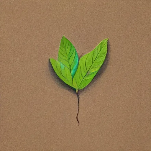 Image similar to detailed painting of a single small seedling on loose fresh earth, reveal its first leaf. muted colors and natural tones.