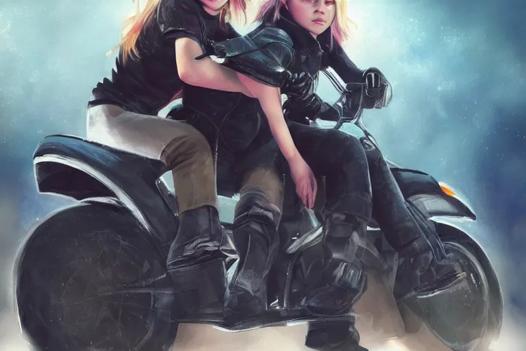 Image similar to chloe grace moretz is riding a motorbike, digital painting, artstation, the space background, concept art, illustration,