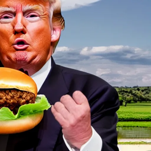 Image similar to a photo of donald trump eating the biggest hamburger in the world