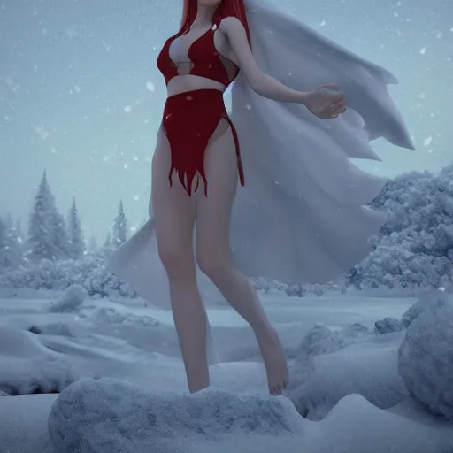 Image similar to winter night, snow, beautiful red haired pale goddess of ice wearing bikini top and long cloak, diamond necklace, long hair, symmetric face, single face, full body, photography, octane render, cinematic, 3 5 mm, by frank frazetta, by jacub rozalski