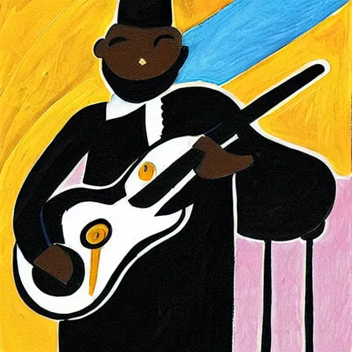 Prompt: a black candle man with long guitar, playing an electric guitar, art by 23 Envelope