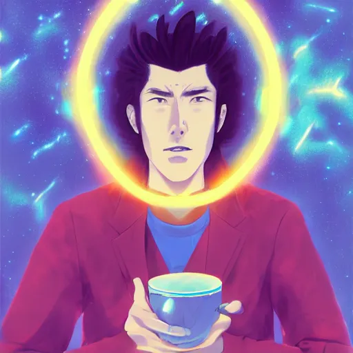 Image similar to A man drinking a cup of cosmic energy bright light by Masafumi Harada, 4k, digital art, surreal, anime style, space dandy style, highly detailed, godsend, artstation, digital painting, concept art, smooth, sharp focus, illustration