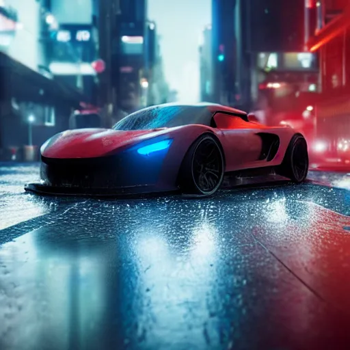 Prompt: supercar on wet street in the city, cyberpunk, octane