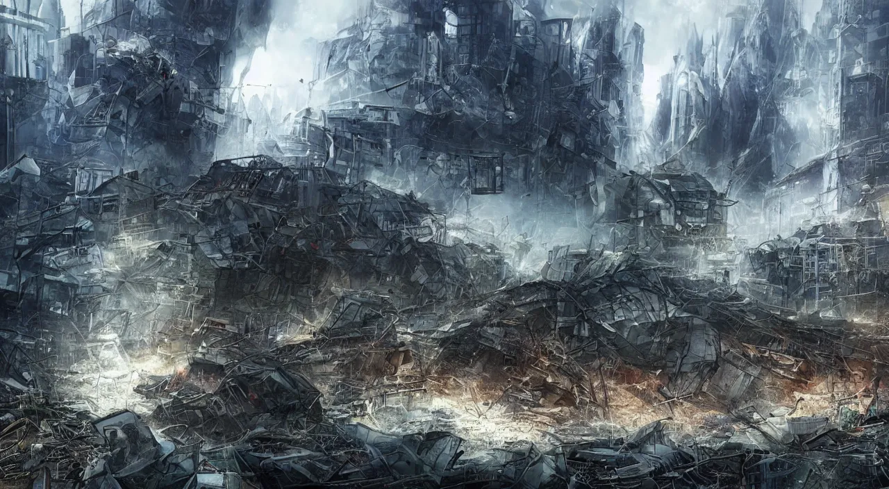 Image similar to damaged city, high - tech, concept art, forest, tornado, war, broken, high resolution, evil