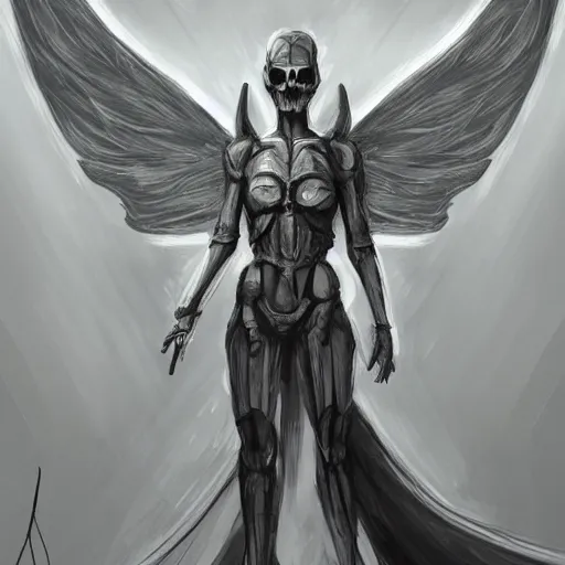Prompt: modern Angel standing in the front of a forest . Angel is wearing an armor. angel is draped with bones. Concept art. Digital painting. Art station. Mood lighting. Skindness, highly detailed, concept art, intricate, sharp focus, man ray - h 1200