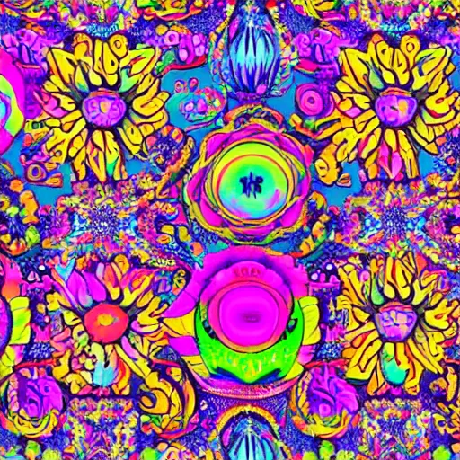 Prompt: Groovival aesthetic, Liminal space in outer space, hippie motifs, flower power motifs, with bright psychedelic shapes