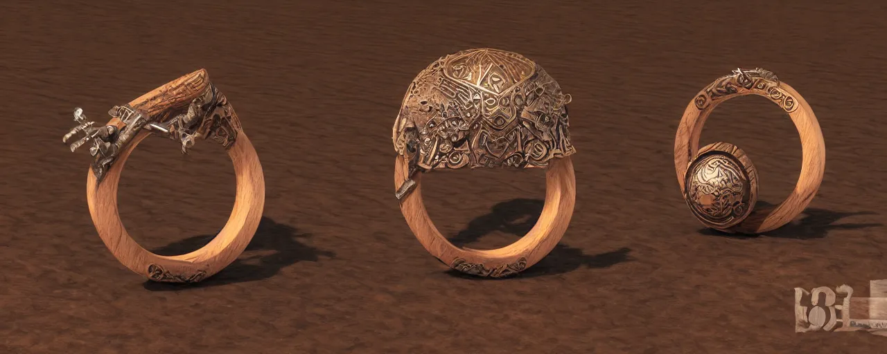 Image similar to wooden ring with a sword ornament, ring, wood, steel, sword, smooth shank, engravings, product design, jewelry, art by gerald brom, greg rutkowski and artgerm and james jean and zdzisław beksinski, 8 k, unreal engine, c 4 d