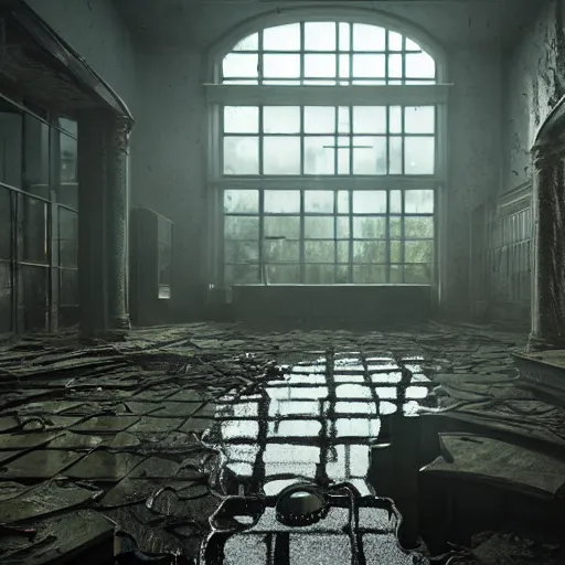 Image similar to flooded, desecrated, abandoned, science lab, ultra realistic, concept art, intricate details, eerie, highly detailed, photorealistic, octane render, 8 k, unreal engine, art by ben evrard