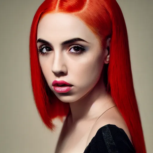 Image similar to ava max bright red hair photographed by charlotte rutherford, highly realistic. high resolution. highly detailed. 8 k. 4 k.