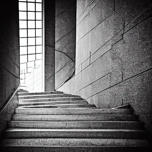 Image similar to black and white surreal photograph, highly detailed vast space made of stairsteps, sideview, detailed textures, natural light, mist, architecture photography, film grain, soft vignette, sigma 1 4 mm f / 1. 4 1 / 1 0 sec shutter, imax 7 0 mm footage