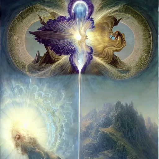 Prompt: iris of god, creation of animals, ellen jewett, beautiful surreal palatial pulsar at dawn, creation of the world, let there be light, light separated from dark, genesis, gustave dore, ferdinand knab, jeff easley